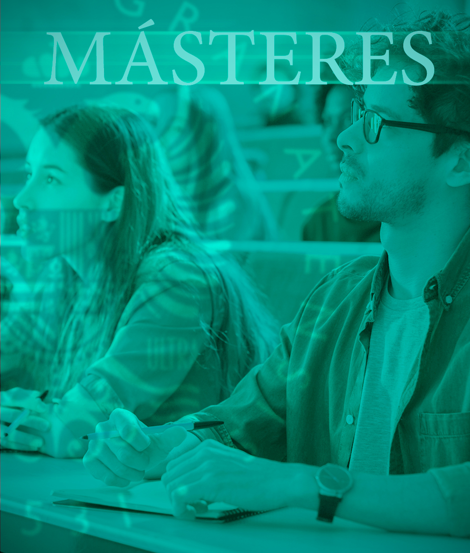 Portada de los masteres de la Universidad de Granada con el logo de ésta de fondo y dos estudiantes