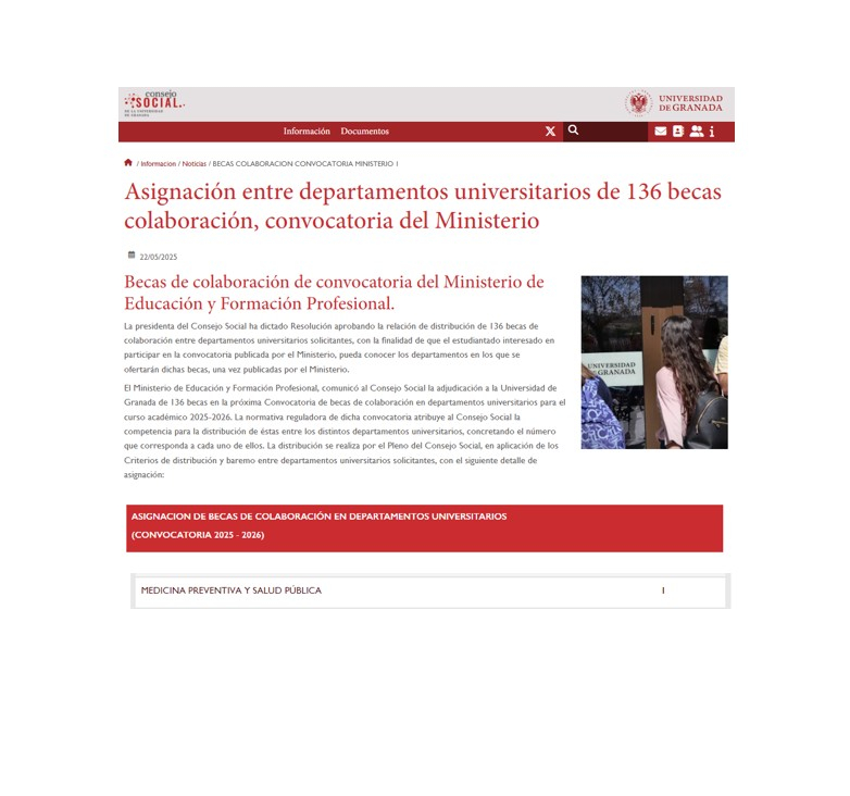 Concedida una beca de colaboración en el Dpto.Medicina Preventiva y Salud Pública